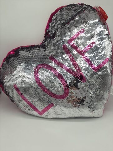 Cuscino a cuore con paillettes argento/fuxia